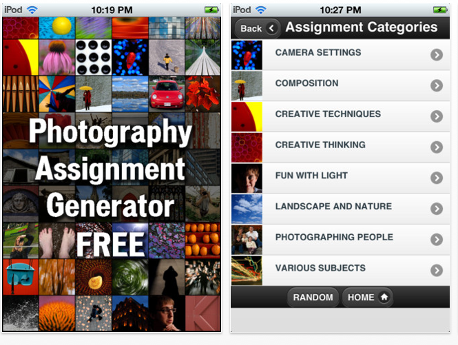 capture d'écran de l'application iPhotography Assignment Generator